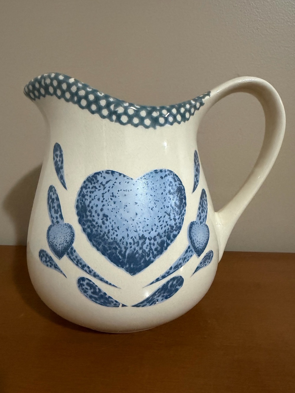 Vintage Blue Heart Spongeware Pitcher Ceramic Pottery Cottagecore Farmhouse